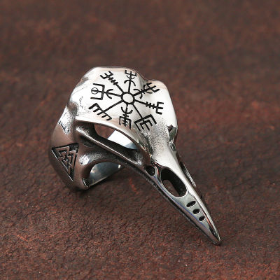 Odin Crow Skull Mens Ring Gothic Stainless Steel Compass Rings For Men Viking Accessories Valknut Ring Amulet Pattern Jewelry