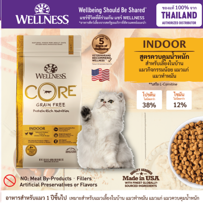 อาหารแมว WELLNESS CORE สูตร Indoor สูตรควบคุมน้ำหนัก. สำหรับแมวกิจกรรมน้อย แมวแก่ แมวทำหมัน ขนาด 2lb(0.9kg) , 5lb(2.2kg) , 11lb(4.9kg)