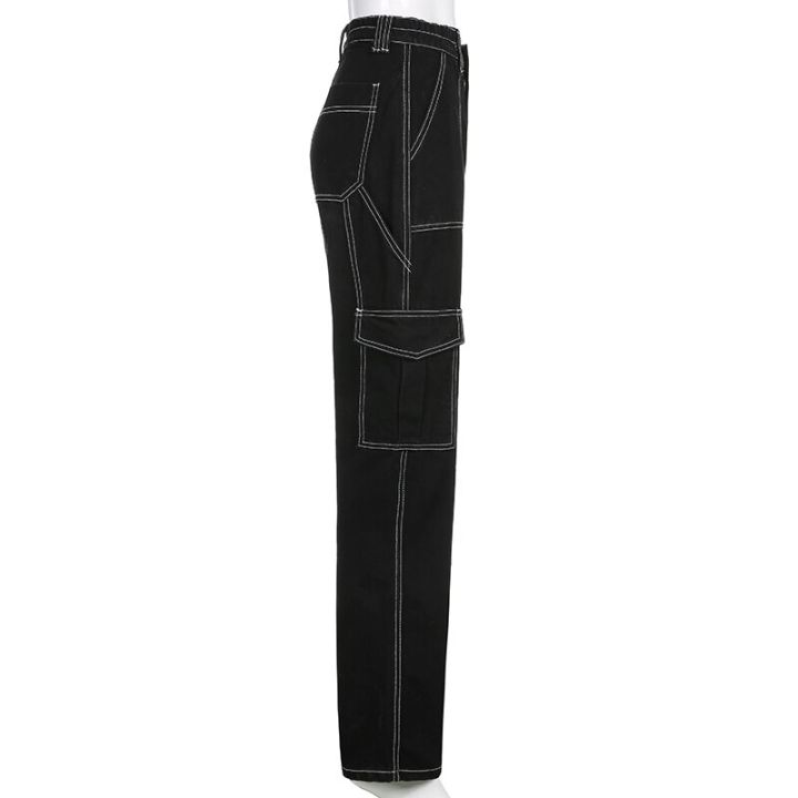 กางเกงคาร์โก้สีดำมีกระเป๋าหลายช่องกางเกงยีนส์-y2k-เอวสูงแนวสตรีทแฟชั่นแนวฮาราจูกุคู่กางเกงขาม้าลำลองเรียบง่าย
