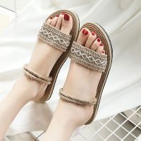 2022 imitation straw tourism linen soles Han Chao outside wearing a word procrastinates flat beach flat with fashion female cool slippers