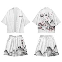 Japanese Cardigan Women Men Cosplay Yukata Clothing Harajuku Haori Chinese Style Crane Kimono Shorts Pants Sets Two-piece Suit