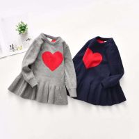 Kids Girls Winter Knitted Sweater Dress Love Heart Print Long Sleeves Round Neck Autumn Princess Pullover Dress 0-5T  by Hs2023