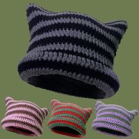 【YD】 Beanie Hat Ins Little Striped Knitted Wool Cap and Ears Pointed Pullover Womens Hats