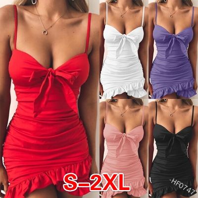 [COD] Cross-border foreign trade European and womens sexy solid sling bowknot pleated irregular ruffled dress HF0747
