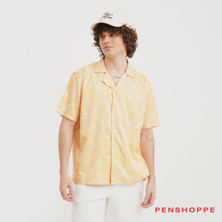 Penshoppe Resort Shirt With Scribble All Over Print For Men (Yellow ...