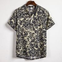 LASGO Mens 2019 summer new mens large size floral short-sleeved shirt fashion micro-elastic large size shirt 3XL