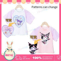 Sanrio Kuromi เสื้อยืดแขนสั้นชุดคอสเพลย์ผู้หญิงลายทางแขนแร็กแลนสำหรับเด็กฤดูร้อนแฟชั่นฮาโลวีน