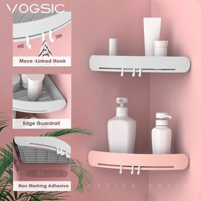 VOGSIC Triangle Bathroom Storage Rack With Hook ABS Wall-Mounted Shelf Toilet Home Storage Organizer Bathroom Accessories Set Bathroom Counter Storage