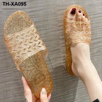 ✴◎ Fashion casual personality sandals and slippers flat bottom womens summer outerwear with net red crystal transparent non-slip flip flops