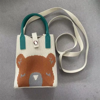 Korean Students Shopping Bags Reusable Women Girls Shoulder Bag Knitted Handbag Cute Bear Mini