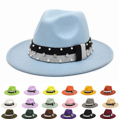 ผู้หญิงฤดูร้อน Fedora หมวกปีกกว้างรู้สึกห่วงโซ่สีดำปานามาสักหลาดหมวกกับวงโพลีเอสเตอร์ปีกกว้างผู้ชาย Fedora ปานามาหมวก