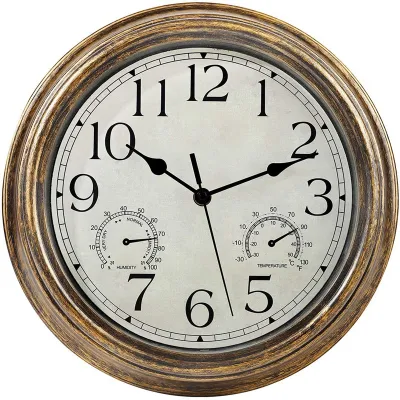 12inch Wall Clock,Retro Waterproof Clock with Displays &Hygrometer,Noise-Free Clock for Indoor/Outdoor