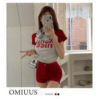 [OMIUUS] เสื้อยืดวินเทจเชือกรูดเข้ารูปพอดีเซ็กซี่เสื้อเอวลอยเสื้อแขนสั้นลายตัวอักษรสำหรับผู้หญิงฤดูร้อน