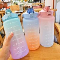 2L Large Capacity Water Bottle Straw Cup High Temperature Plastic Water Cup Time Scale Frosted Outdoor Sports Student Couple Cup