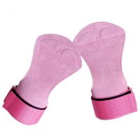 1Pair Women Pink Cowhide Weight Lifting Grips Non-slip With Wrist Straps Lifting Strap Gym Deadlifts Pull Ups Lifting Gym Gloves