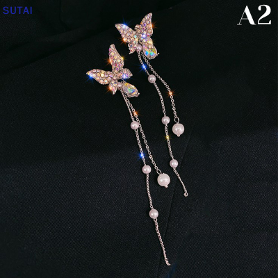 💖【Lowest price】SUTAI ต่างหูคริสตัลรูปผีเสื้อสีม่วงสำหรับผู้หญิงต่างหูประดับพลอยเทียมโซ่ประดับมุกพู่