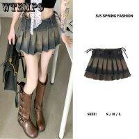 【HOT】□✑ Irregular Denim Skirt Lace-up Waisted A-line Pleated Hottie Punk Fashion Street Preppy