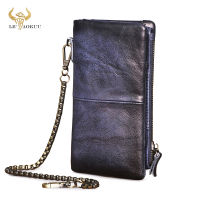 Original Real leather Retro Gift Long Business Card Holder Organizer Travel Chain Snap Wallet Purse For Men Male Design 1029