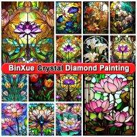 ▬◕ BinXue Stained Glass Flower Window Full 100 Round Crystal Diamond Painting Tulip Flowers Cross Stitch Lotus Handmade Mosaic Art