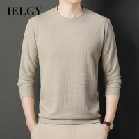 IELGY เสื้อยืดวาฟเฟิลแขนยาวผู้ชาย,สีทึบใหม่คอกลมลำลองเสื้อกันหนาวเข้ากับทุกชุดตัวในแบบเรียบง่าย