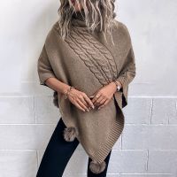 【HOT】☊✈ 2023 Poncho Turtleneck Sweater Oversized Knitwear Cape Batwing Sleeve Ponczo