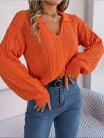 ┅✓♝ Polyester Rib Knit Sweaters Fall/Winter Ladies Knitted Sweater Lapel Sleeves Female Pullovers