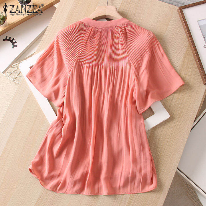 สินค้ามาใหม่-จัดส่งฟรี-fancystyle-zanzea-เสื้อจับจีบหลวมลำลองผู้หญิงแบบสวมหัวเสื้อคอวีแขนสั้นใส่ทำงานหรูหรา-2