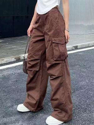 กางเกงคาโกทรงหลวม Y2k วินเทจสีน้ำตาลแฟชั่นสำหรับผู้หญิงยุค90มีกระเป๋าขากว้างชุดกางเกงขาทรงกระบอกเอวสูง
