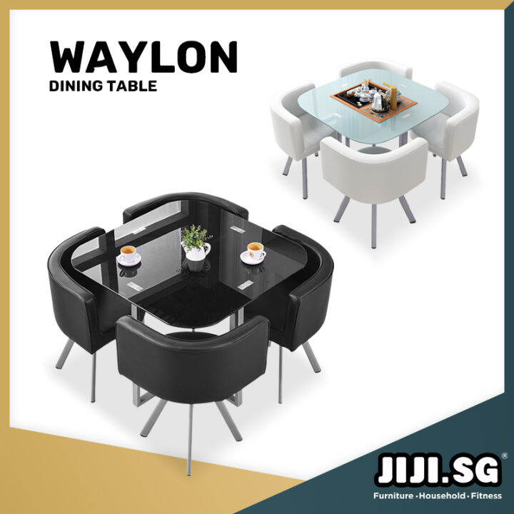 (JIJI.SG) Waylon Square Glass Dining Table Set (1 Table W/ 4 Chairs) Glass Square / Tables