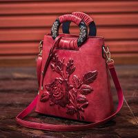 Women Chinese Floral Print Ring Handle Shoulder Bag Faux Leather Handbag Pouch Large Capacity Faux Leather Women Shoulder Bag