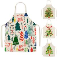 Christmas Tree Printed Women Kitchen Aprons Cooking Oil-proof Cotton Linen Antifouling Chef Apron Man Kid Aprons