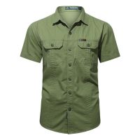 2022 New Summer Denim Short Sleeve Men Shirts 100% Cotton Army Military Casual Shirts Outdoor Hiking Fishing Clothing Plus Size