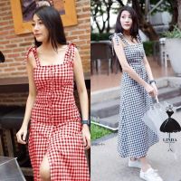 ME9188 Maxi Dress แม็กซี่เดรสผูกไหล่ลายสก็อต เนื้อผ้าทออย่างดี ติดกระดุมด้านหน้า ทรงน่ารักใส่ได้บ่อยๆคะ