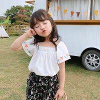 XTY all-2022 Spring Summer Baby Off-The-Shoulder Top White Short-Sleeved Thin Style Embroidered Shirt Girls One-Neck all-Match -0615