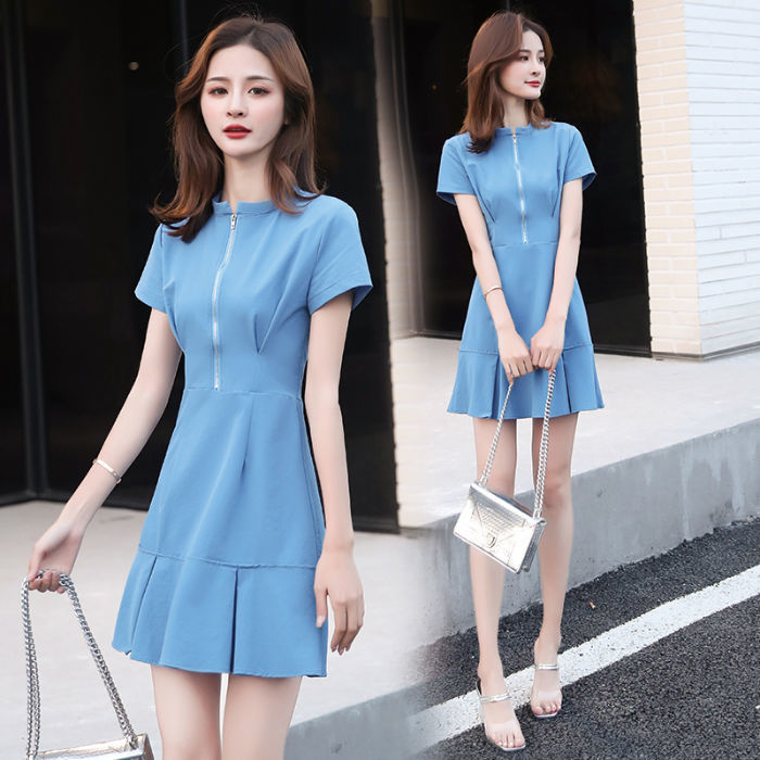 dress-model-baru-ฤดูร้อนกระโปรงสั้นเข้ารูปมีซิปสไตล์เกาหลีคอวีมีระบายชุดสีดำเล็กๆทรงผอมเพรียวแบบเกาหลี2022