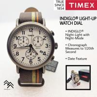 TIMEX แท้ WEEKENDER สายหนังแท้ แบบนาโต้ จับเวลาได้ หน้าปัดสีครีมขาว สามารเปิดไฟหน้าปัดได้