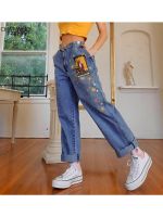 Hot sell Womens Jeans Star Cartoons Pattern Printed 2022 Autumn Winter Denim Trousers fit Young Girl Vintage Cute female Jeans Pant Blue