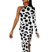 ✻❁ Dalmatian Print Bodycon Dress Spring Black and White Spots Elegant Side Split Long Dresses Women Long Sleeve Street Style Dress