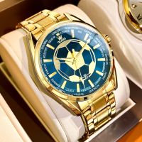 ZZOOI OLEVS Mens Watches Top Brand Quartz Watch for Men Waterproof Stainless Steel Wristwatch All Gold Blue Soccer Dial