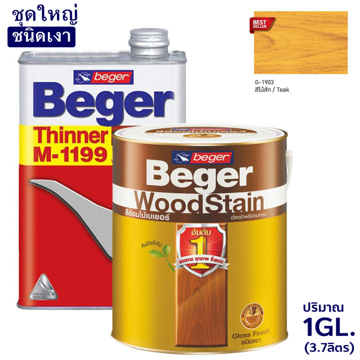 Beger WoodStain สีย้อมไม้เบเยอร์ (ชนิดเงา) พร้อมทินเนอร์ผสมBeger  M-1199 (1GL.)ชุดใหญ่ พร้อมใช้งาน มีหลายสีให้เลือก