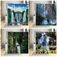 Waterfall Shower Curtain Forest Rock Bird Flower Creek Plant Scenery Pattern Bathroom Decor Polyester Cloth Hanging Curtain Hook