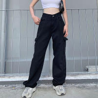 Street Fashion Cool Pocket Jeans Womens Slimming Loose High Waist Wide Leg Pants Slim Fit Daddy Pants