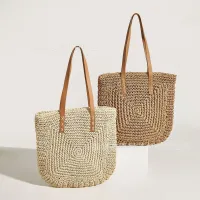 All-match casual shoulder large-capacity woven bag literature and art simple womens bag pure color crochet holiday beach bag 〖WYUE〗