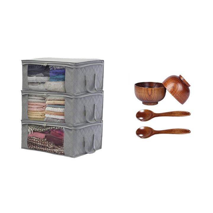 3pcs-storage-bag-quilt-clothes-bag-non-woven-fabric-storage-box-with-wood-spoons-bowl-set