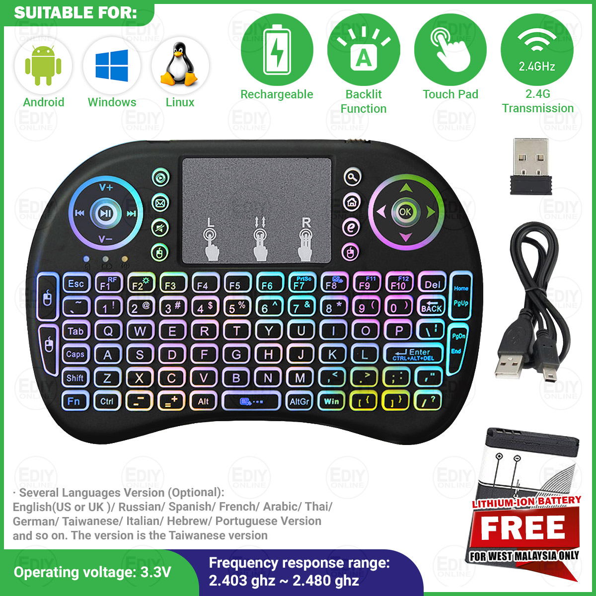 I8 AIR MOUSE FLY MOUSE USB WIRELESS KEYBOARD TOUCHPAD KEYPAD REMOTE CONTROL  FOR ANDROID SMART TV PC LAPTOP PS CCTV KARAOKE svicloud digital DECODER PS3  PS4 Xbox Smart TV Ediyonline Ediy -