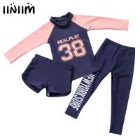 Girls 3-Piece Swimsuit Rash Guard Bathing Suit Beachwear Long Sleeve Letters Print Top Boyshorts Shorts And Pants Set Swimwear