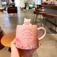 Starbuck ดอกเชอร์รี่สีชมพูปี2020,ถ้วยขอบใส่ของลายแมวน่ารักถ้วยดอกไม้เซรามิกสำหรับดื่มเหรียญ