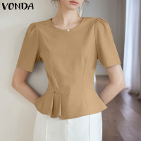 MASHYCHIC VONDA เสื้อพลีทแขนสั้นเสื้อยืดคอกลมสง่างามสำหรับผู้หญิงเสื้อเสื้อสตรีเอวสีทึบที่ทำงาน (ลำลองเกาหลี)