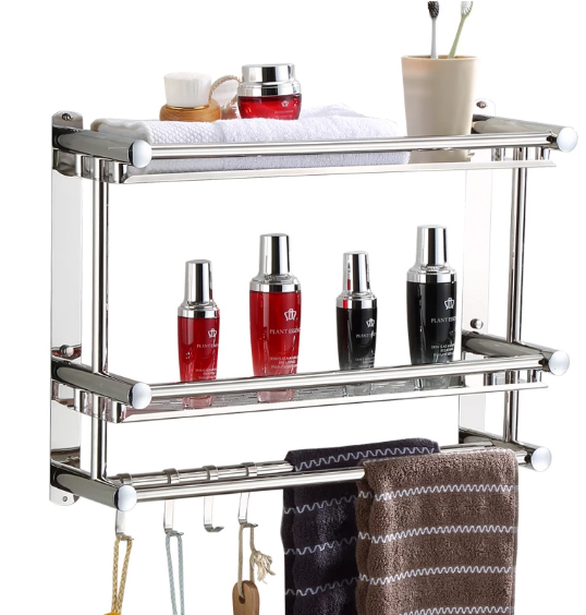 Towel Rack Stainless Steel Towel Rail Bathroom Storage Shelf with Multi Towel Bar Wall Mounted Towel Holder Brushed Rails with Hooks for bathroom hotel kitchen-58.6x37.8x15cm 