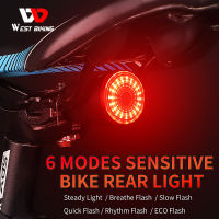 WEST BIKING ไฟจักรยาน USB สมาร์ทเบรกอัตโนมัติ,ตรวจจับแสงได้กันน้ำ LED กระพริบอุปกรณ์เสริมจักรยานไฟท้ายจักรยาน